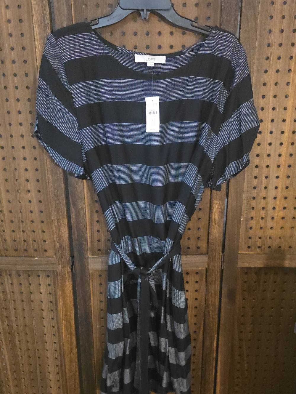 LOFT Black and Gray Striped Tie-Waist Midi Dress